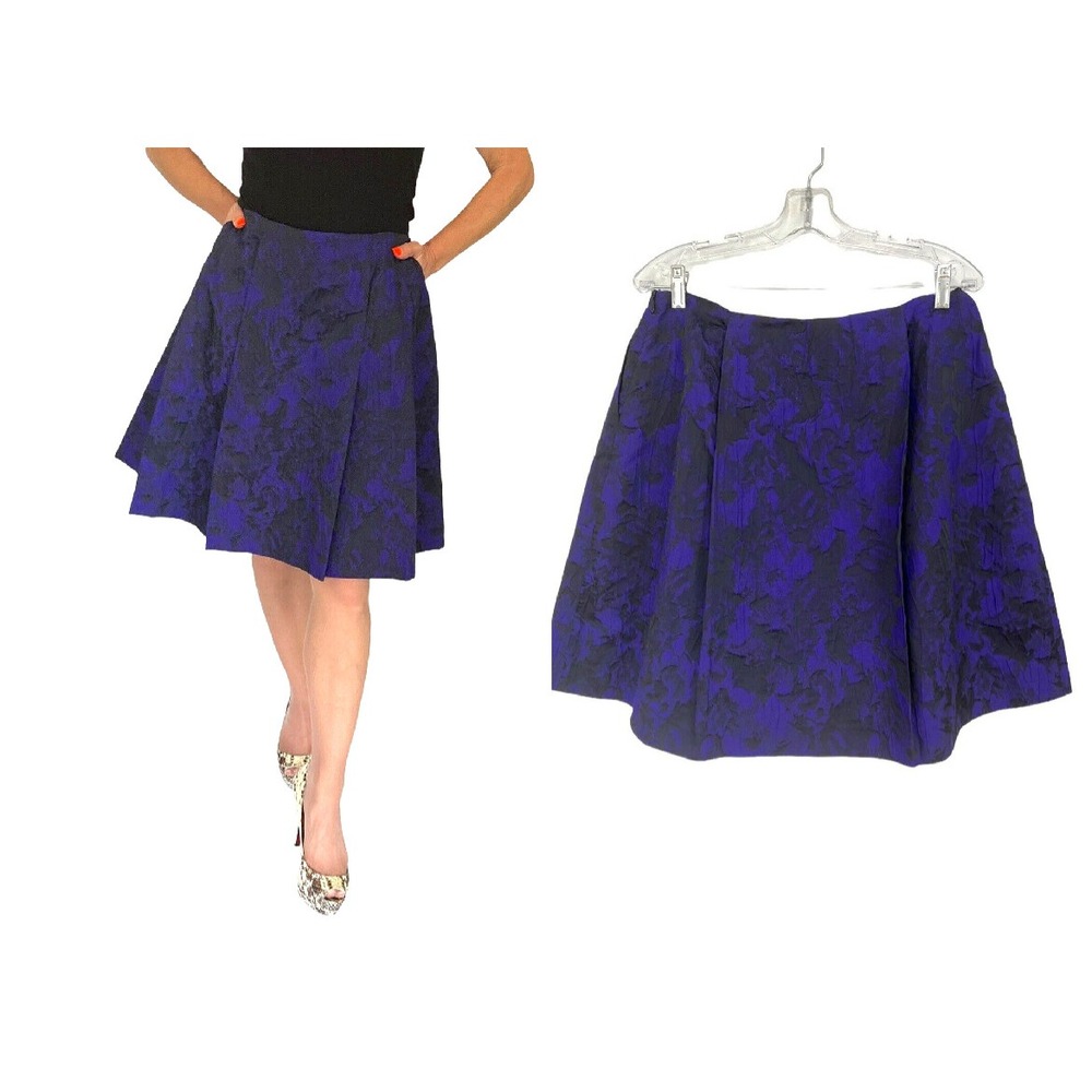 Jil Sander Navy Purple Black Floral Jacquard  Full Flare Pleat Skirt 40  @10 NWT
